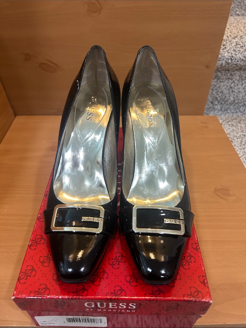 GUESS Black Patent Leather Heels with Gold Buckle